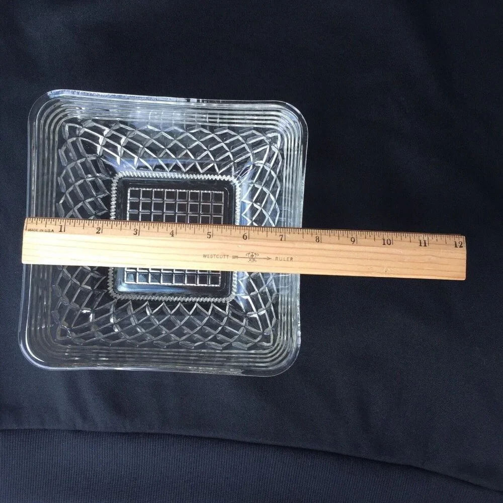 Vintage Clear Cut Glass Square Serving Bowl Dish Geometric Diamonds Retro Ornate